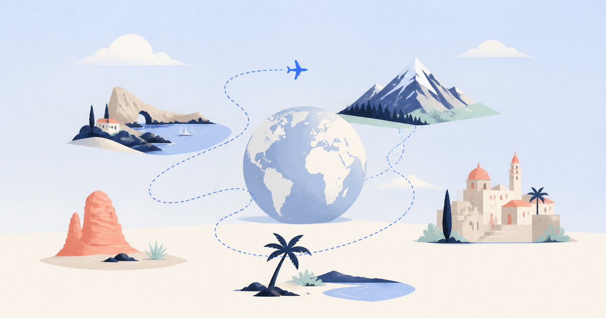 Editorial illustration of a globe connected by a flight path to coastal, mountain, desert, tropical, and city destinations