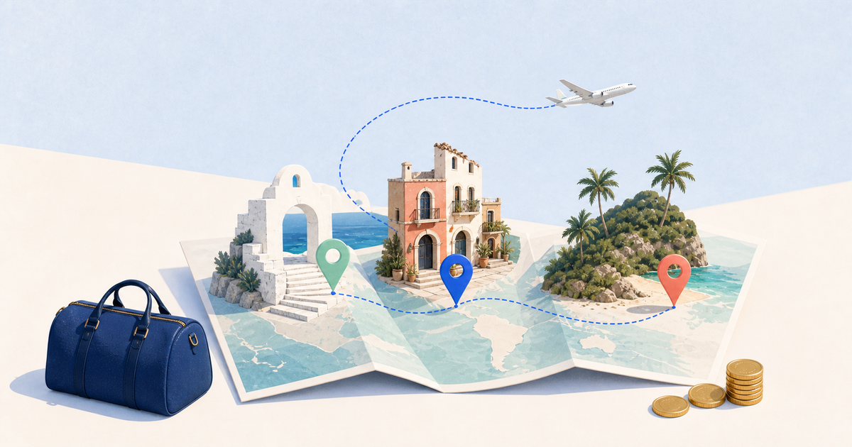 A folded map with coastal, city, and tropical destinations connected by an airplane route