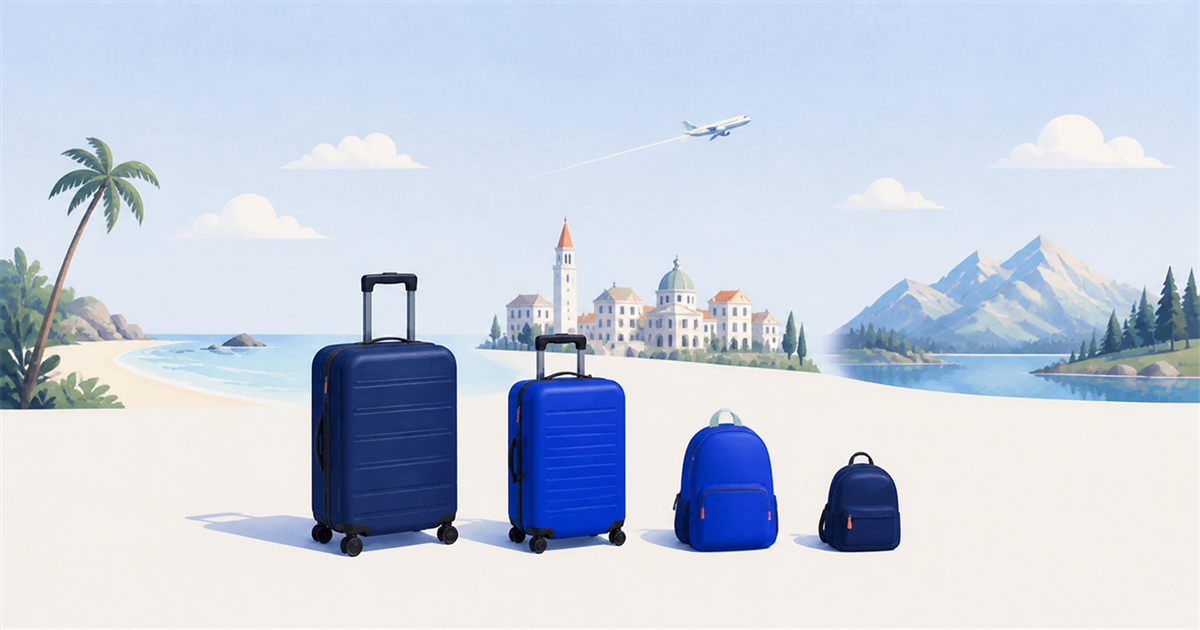 Illustrated family luggage arranged before beach, city, and mountain destinations
