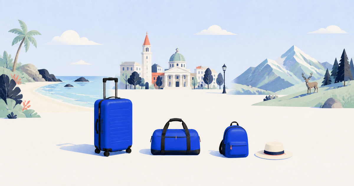 Editorial family travel illustration with coordinated luggage, a playful airplane, coastal scenery, and mountain destinations