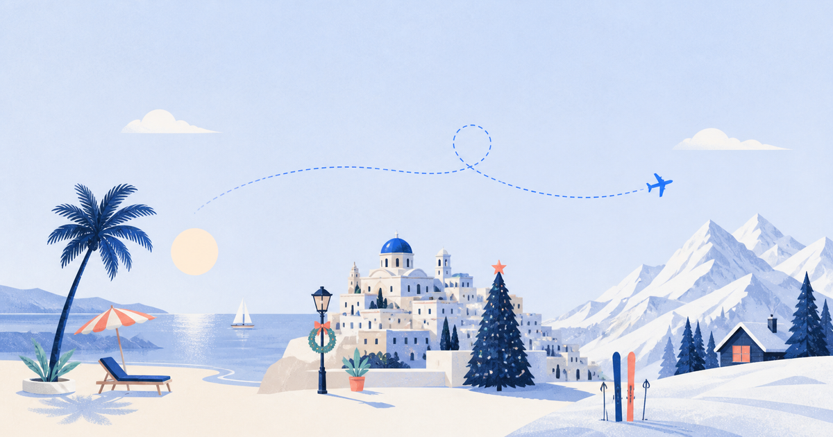 Editorial travel illustration blending a warm coast, festive winter city, and snowy alpine escape