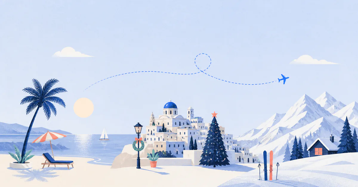 Editorial travel illustration blending a warm coast, festive winter city, and snowy alpine escape