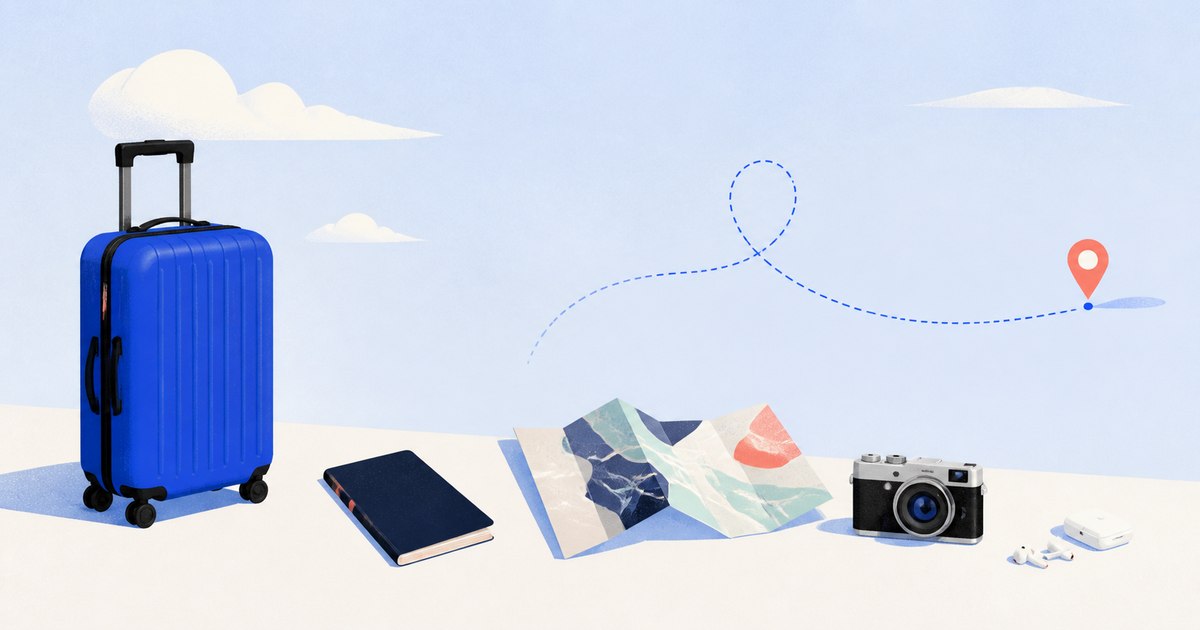 Editorial solo travel illustration with a cobalt suitcase, passport, folded map, camera, earbuds, and flight route