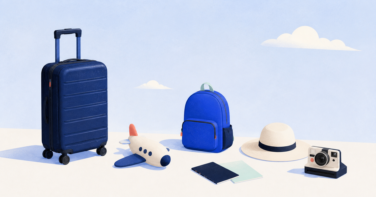 Editorial family travel illustration with adult luggage, a child backpack, toy airplane, sun hat, and camera