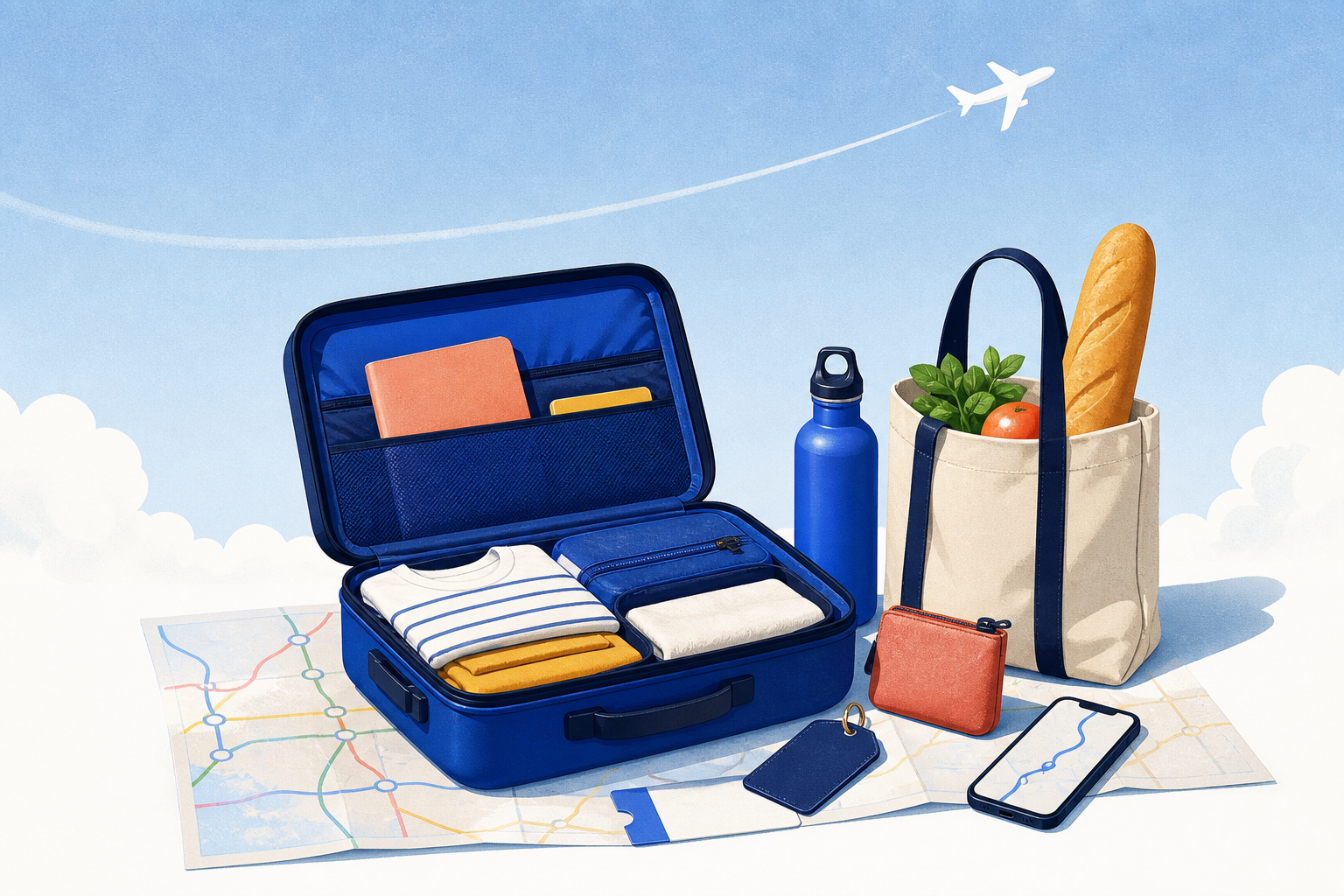 Open blue carry-on, transit map, reusable bottle, market tote, phone route, and small plane arranged above white clouds