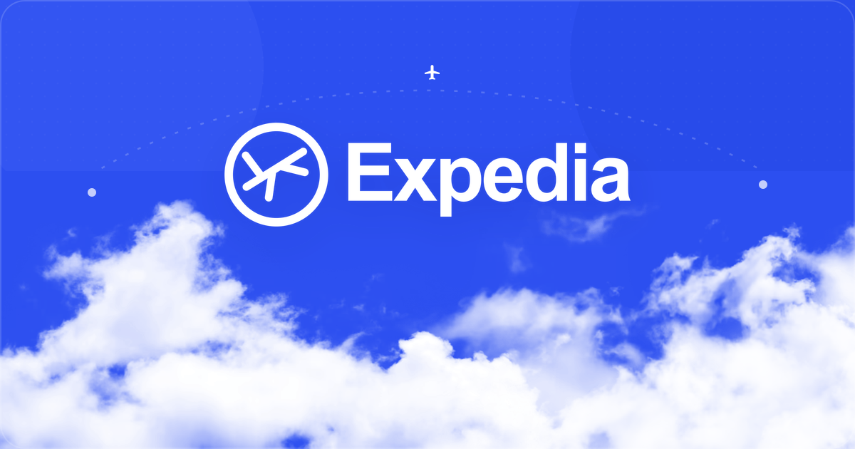 Expedia white logo centered over a Soar blue sky and bright clouds
