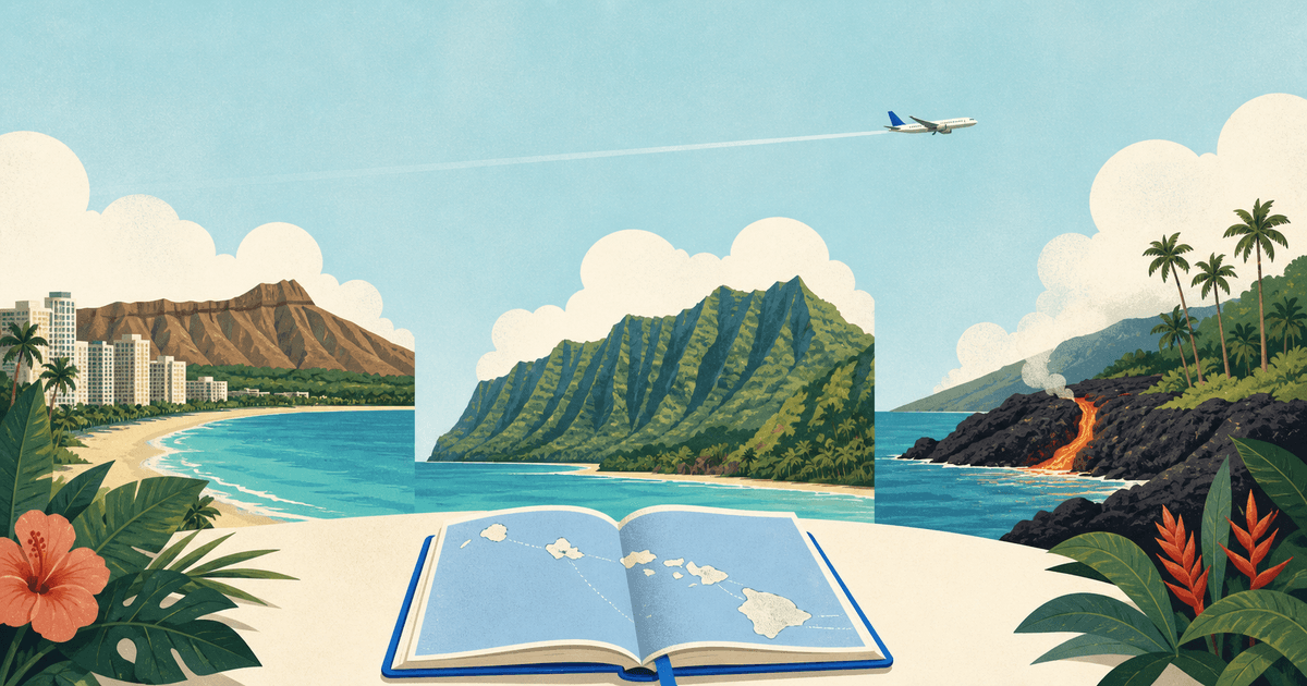 Editorial Hawaii vacation illustration with Waikiki and Diamond Head, a green Kauai ridge, a volcanic coast, an island map, and a passenger plane