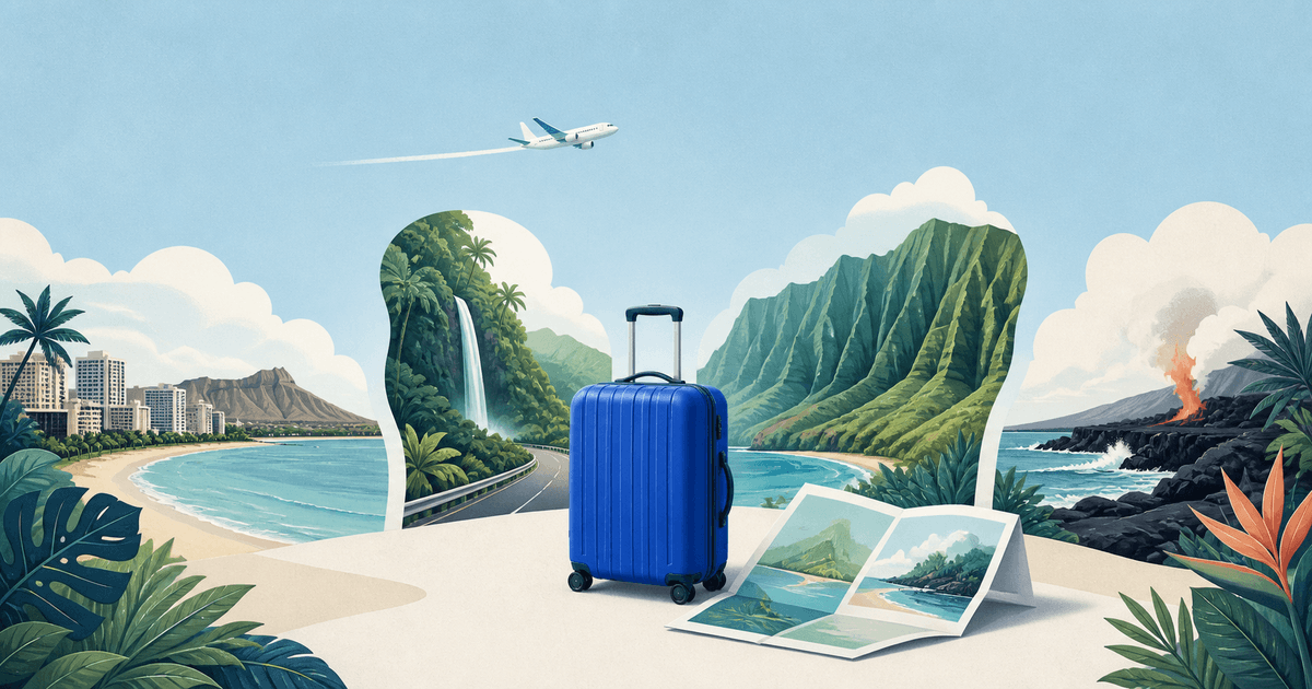 Editorial Hawaii travel illustration with a blue suitcase, island coastlines, a waterfall, volcanic rock, and a passenger plane