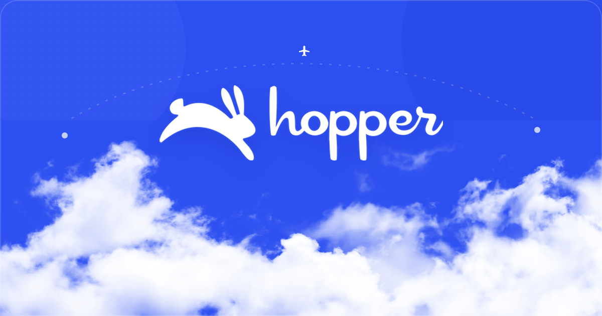 Hopper white logo centered over a Soar blue sky and bright clouds