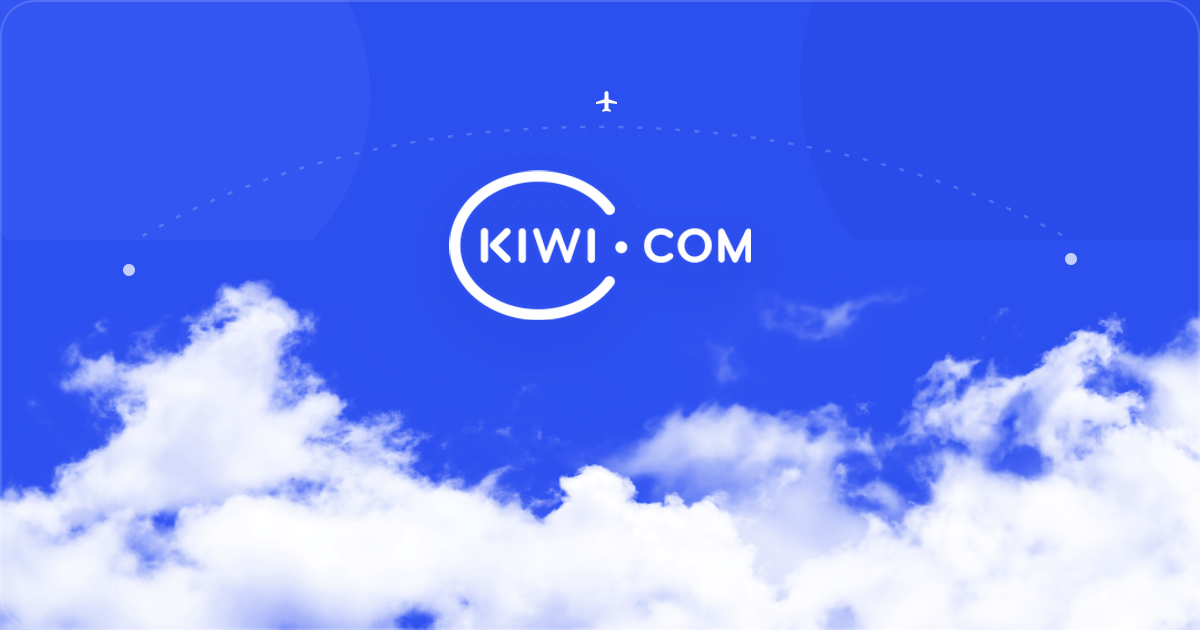 Kiwi.com white logo centered over a Soar blue sky and bright clouds