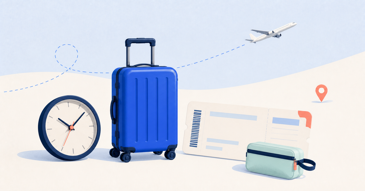A blue carry-on, airport clock, boarding pass, and airplane arranged in a calm last-minute flight planning scene