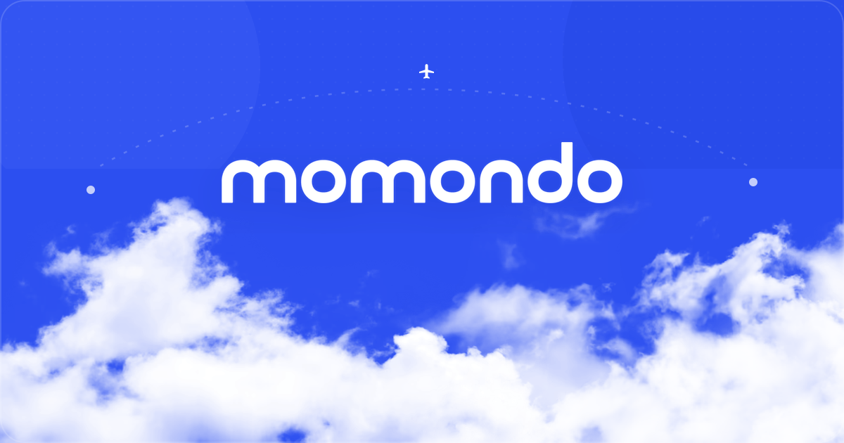 Momondo white logo centered over a Soar blue sky and bright clouds