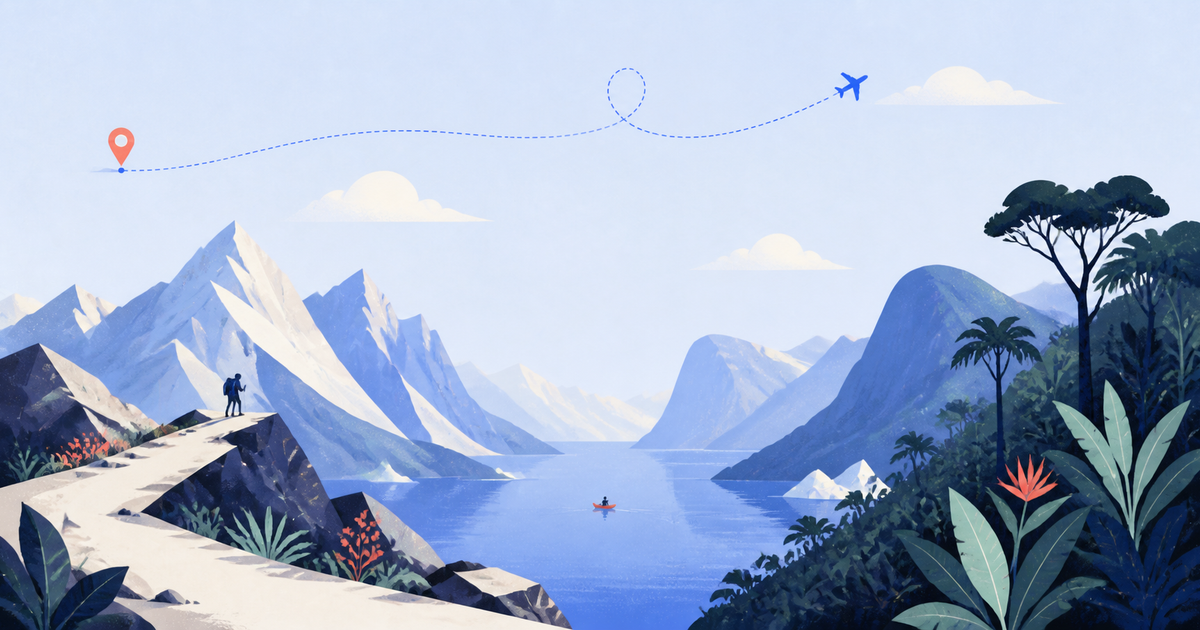 Editorial adventure-travel illustration combining alpine trekking, a glacial fjord, rainforest canopy, and an international flight route