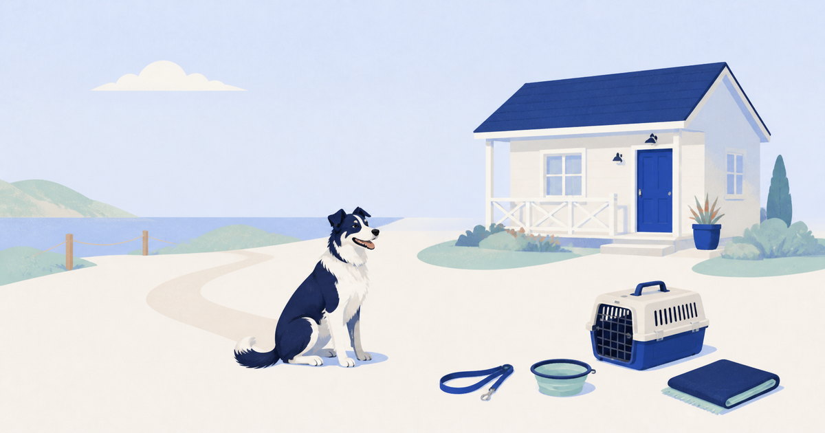 Editorial pet-travel illustration with a dog beside a rental cottage, travel carrier, leash, water bowl, and coastal trail