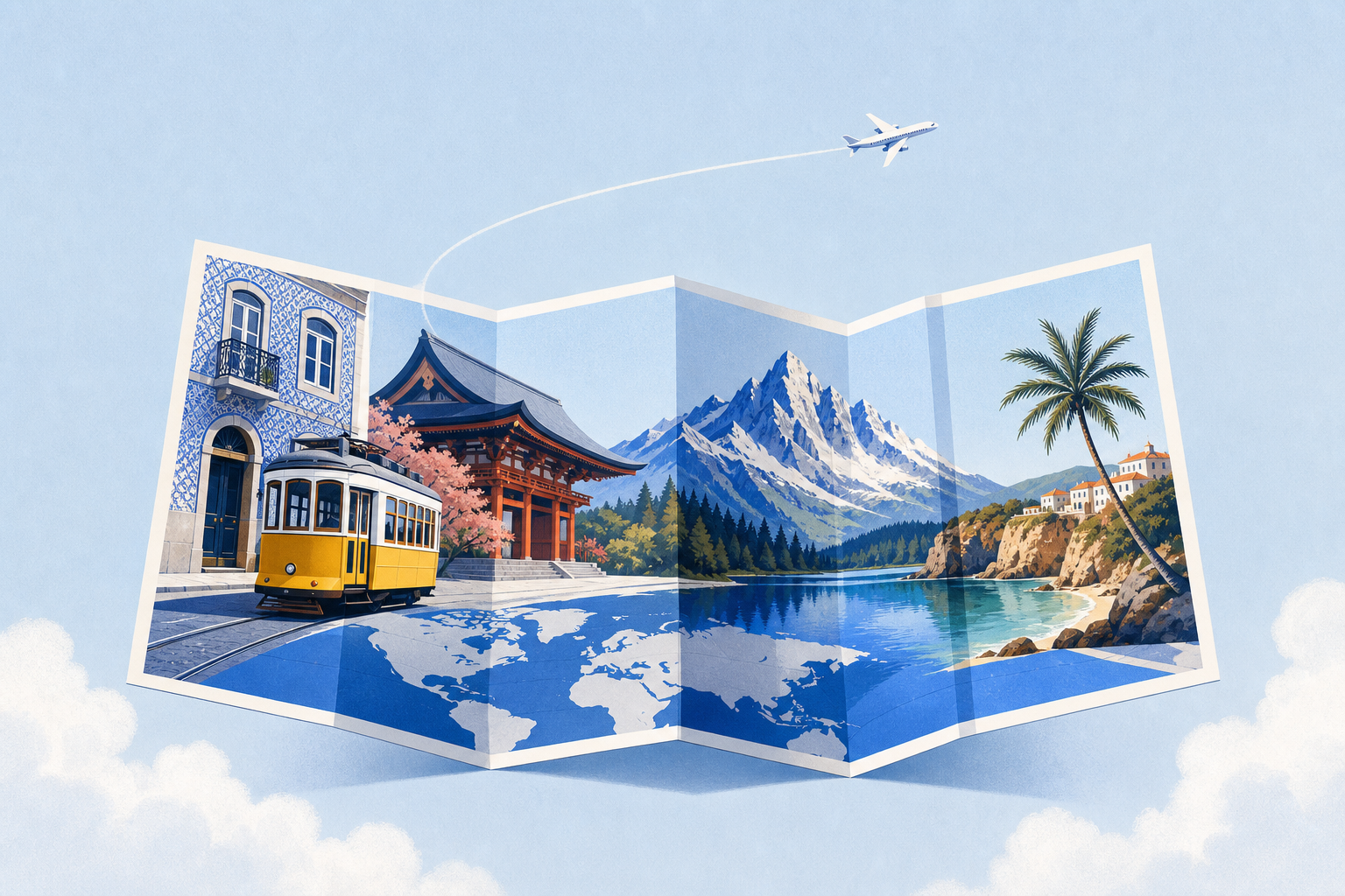 Folded world map illustrated with a Lisbon tram, Japanese temple, alpine lake, coastal cove, and a small plane above the clouds