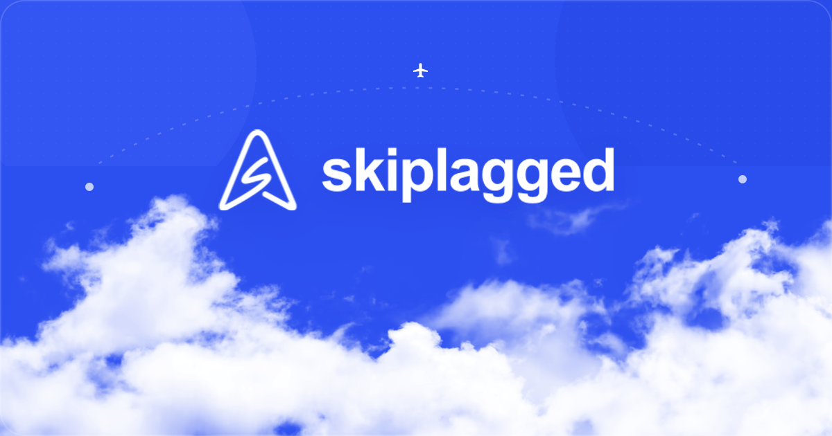 Skiplagged white logo centered over a Soar blue sky and bright clouds