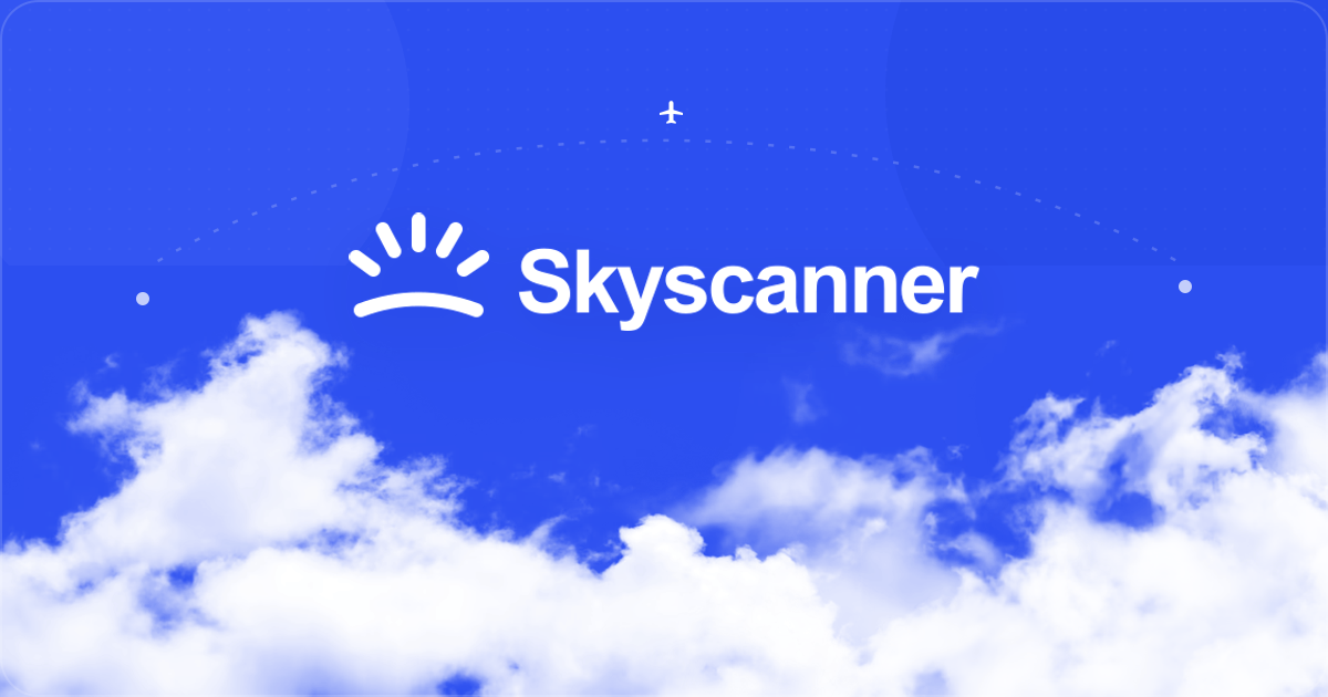 Skyscanner white logo centered over a Soar blue sky and bright clouds