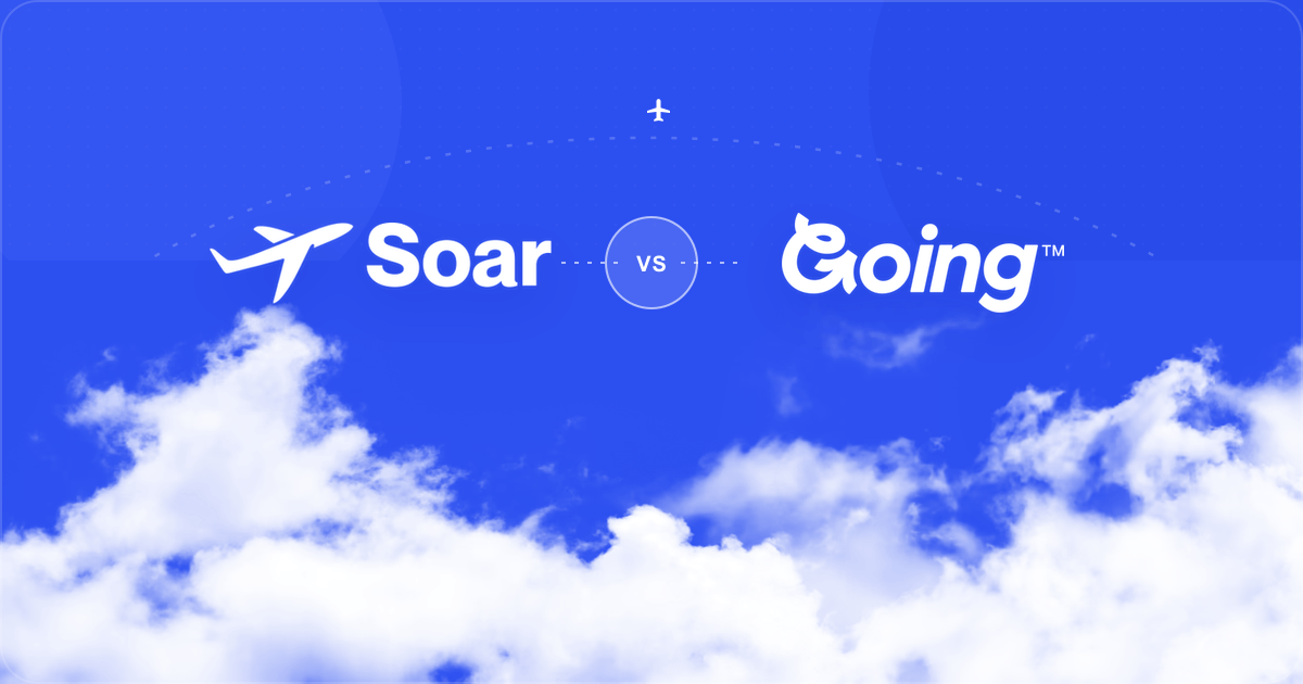 White Soar and Going logos compared over a Soar blue sky and bright clouds