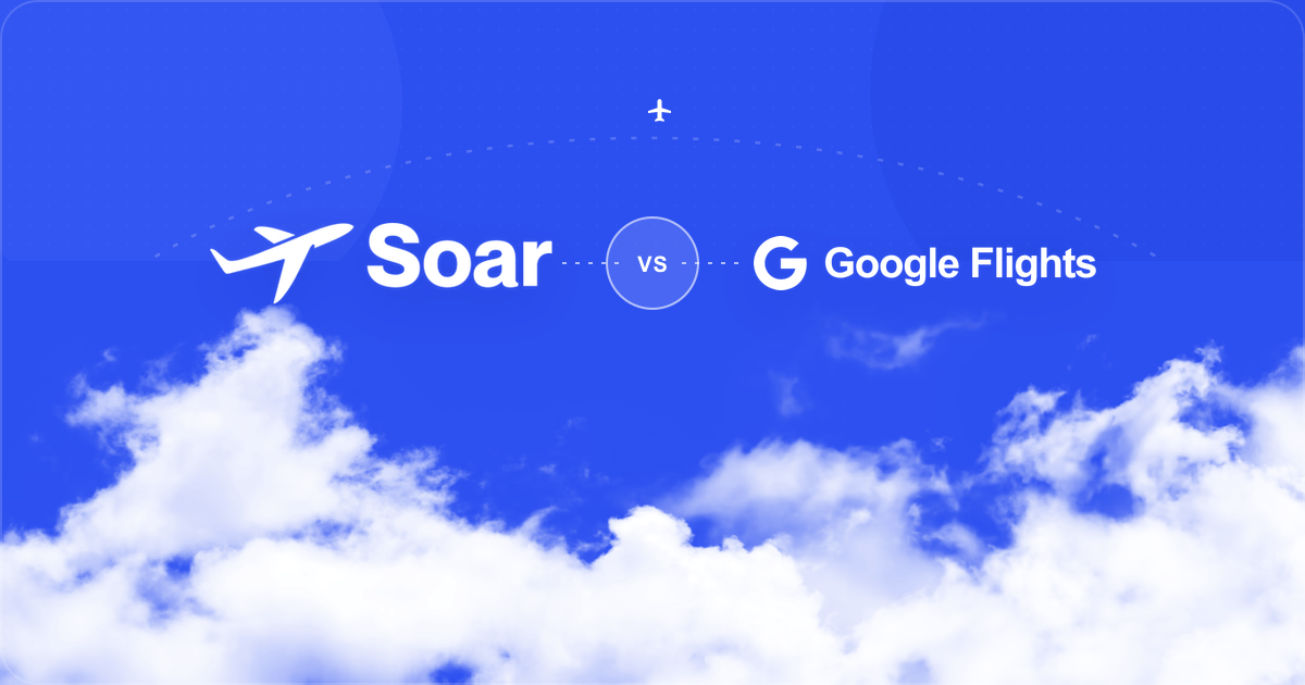 White Soar and Google Flights logos compared over a Soar blue sky and bright clouds