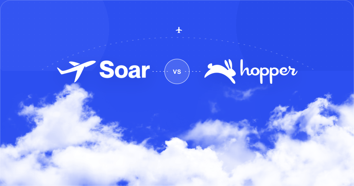 White Soar and Hopper logos compared over a Soar blue sky and bright clouds
