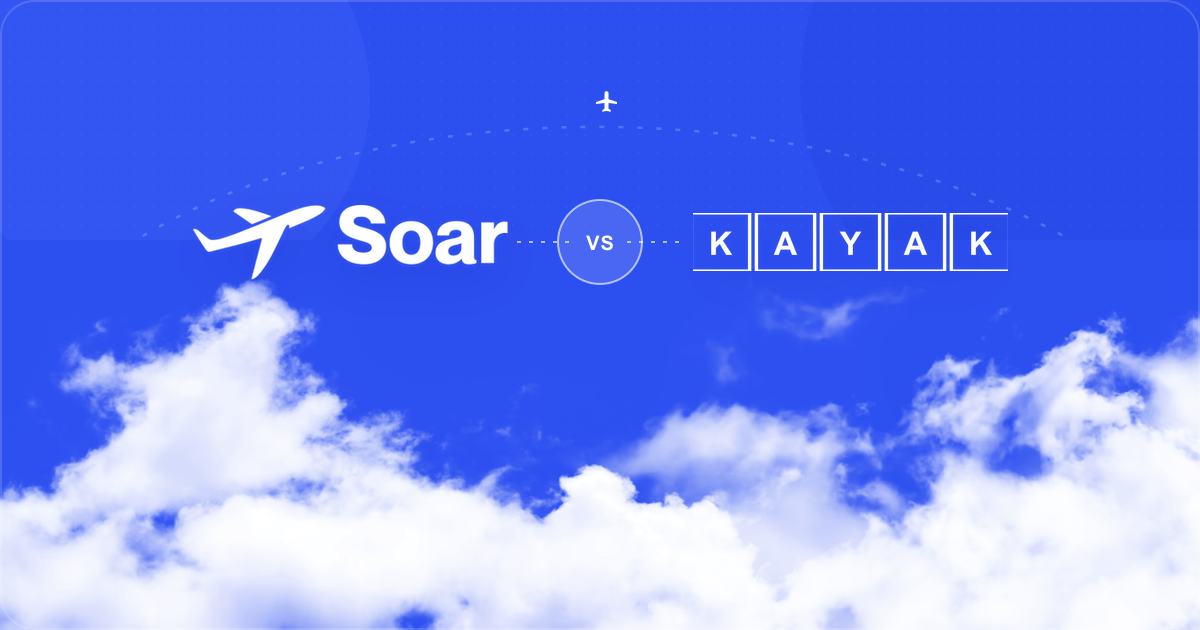 White Soar and KAYAK logos compared over a Soar blue sky and bright clouds