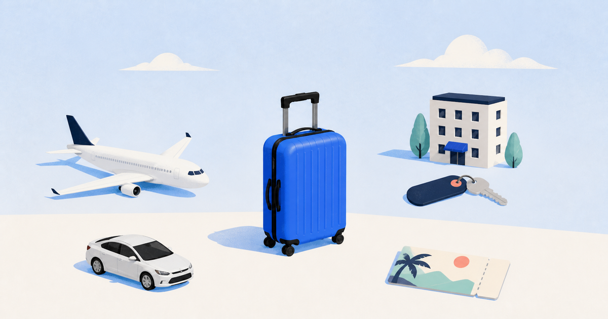 Editorial vacation-package illustration with separate flight, hotel, rental car, and activity pieces arranged for comparison