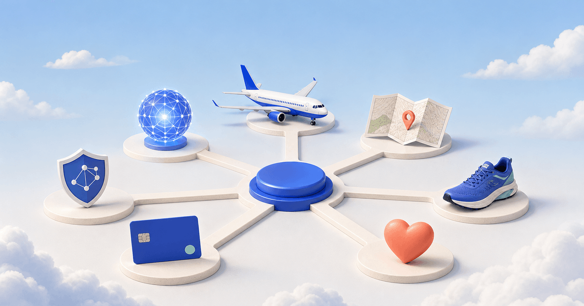 Editorial wayfinding illustration separating flight booking from AI, maps, running, care, payments, and cybersecurity