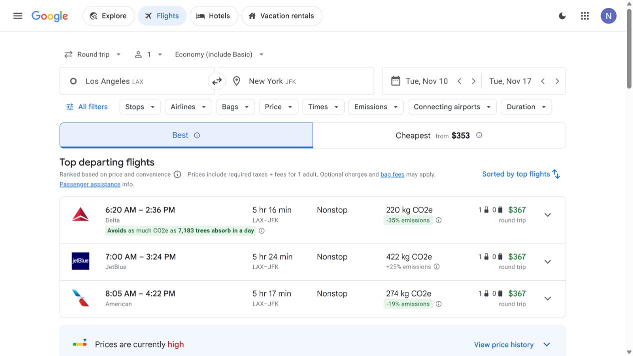 Google Flights results for a Los Angeles to New York round trip with search filters and ranked options