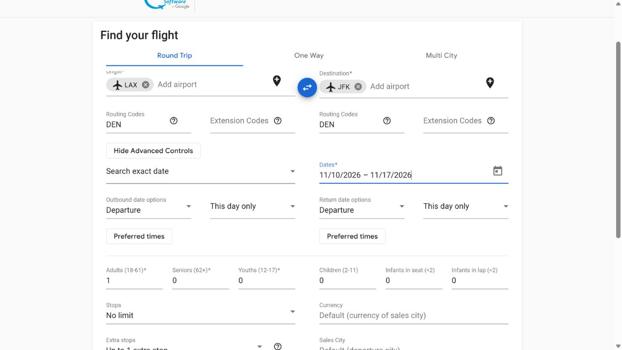 ITA Matrix advanced controls with LAX, JFK, and DEN entered as a routing code