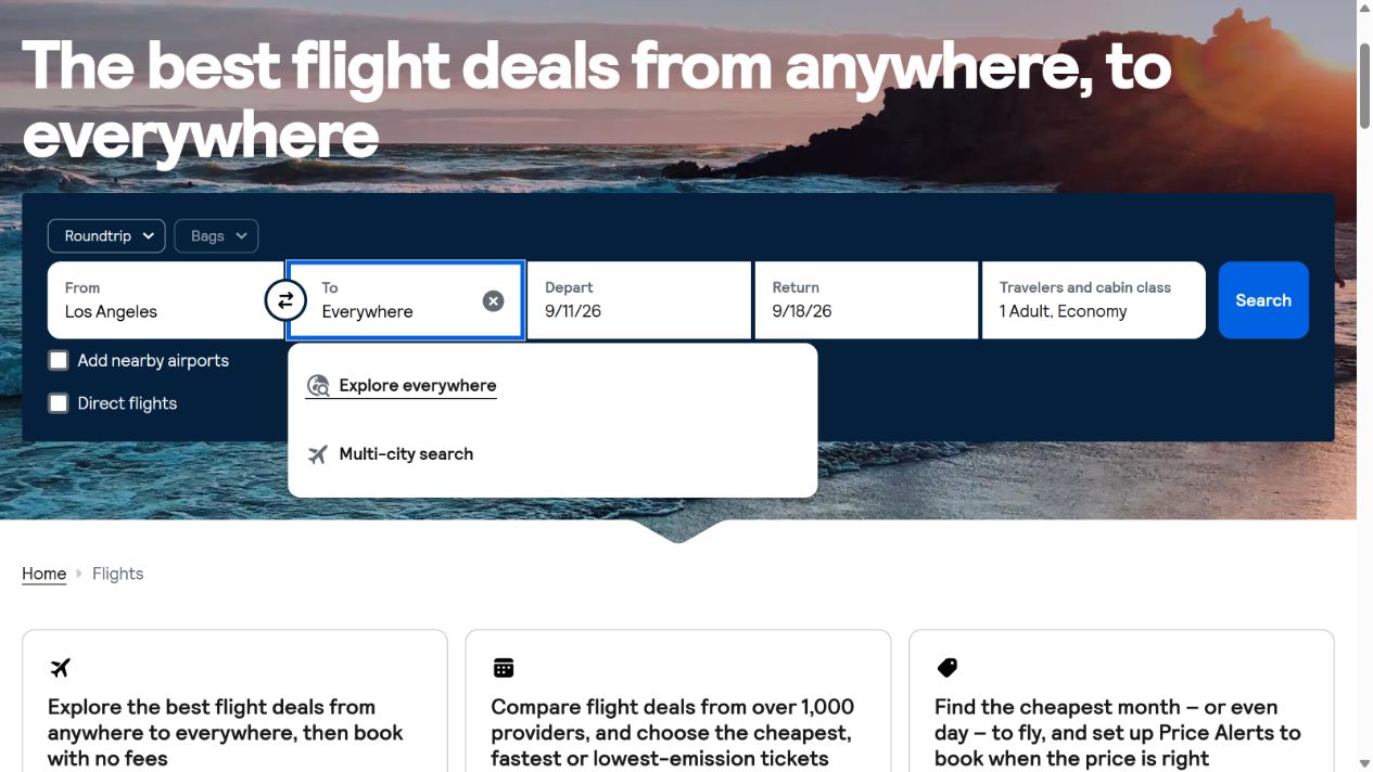 Skyscanner flight search with Los Angeles as the origin and Everywhere available as the destination