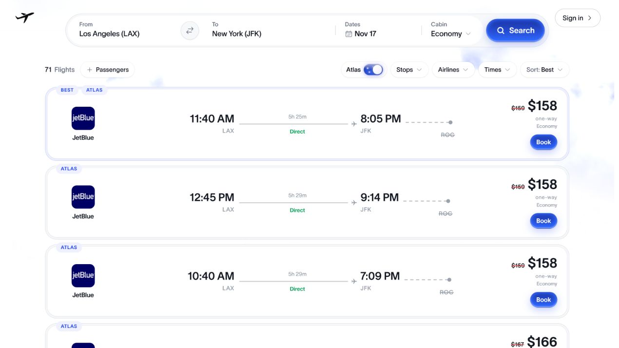 Soar live flight results from Los Angeles to New York with filters and Book buttons
