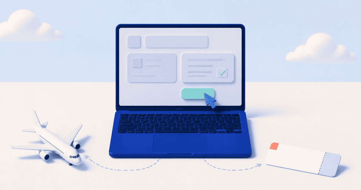 Cobalt laptop completing an abstract airline checkout beside a model airplane and boarding pass