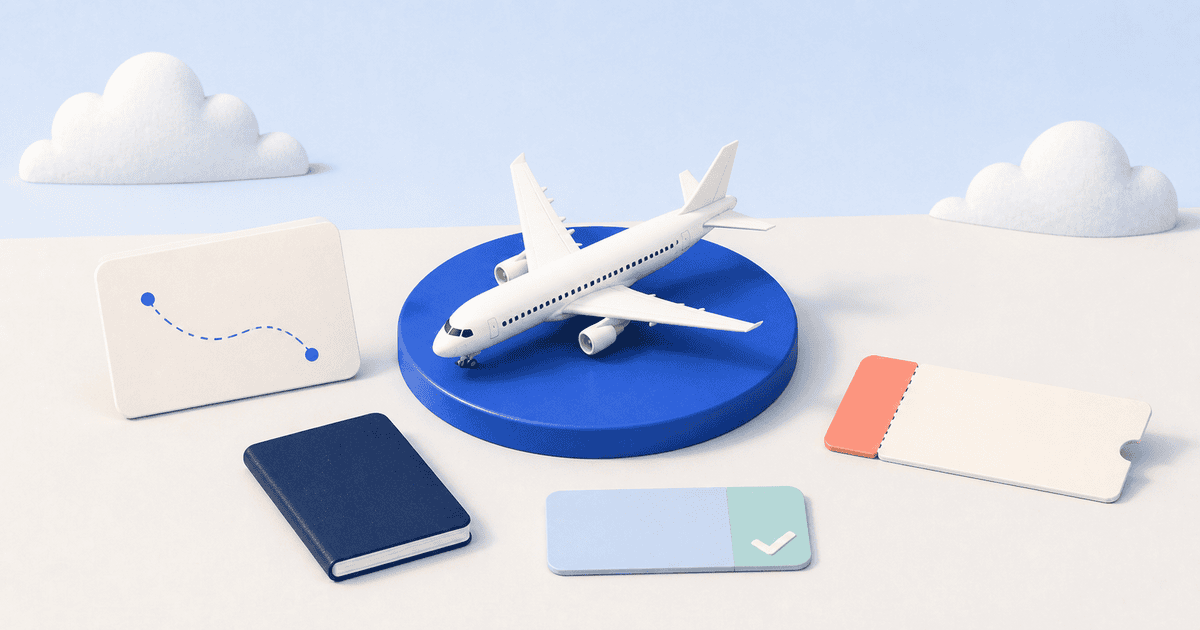 White model airplane on a blue platform surrounded by a route card, passport, trip check, and boarding pass